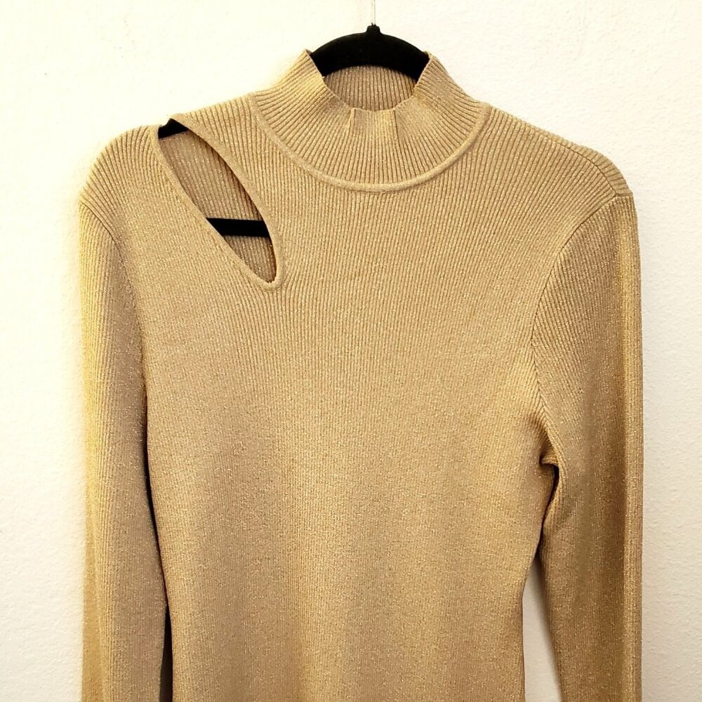 RACHEL Rachel Roy Metallic Gold Knit Mock Neck Sweater with Cutout Size 2X NWT